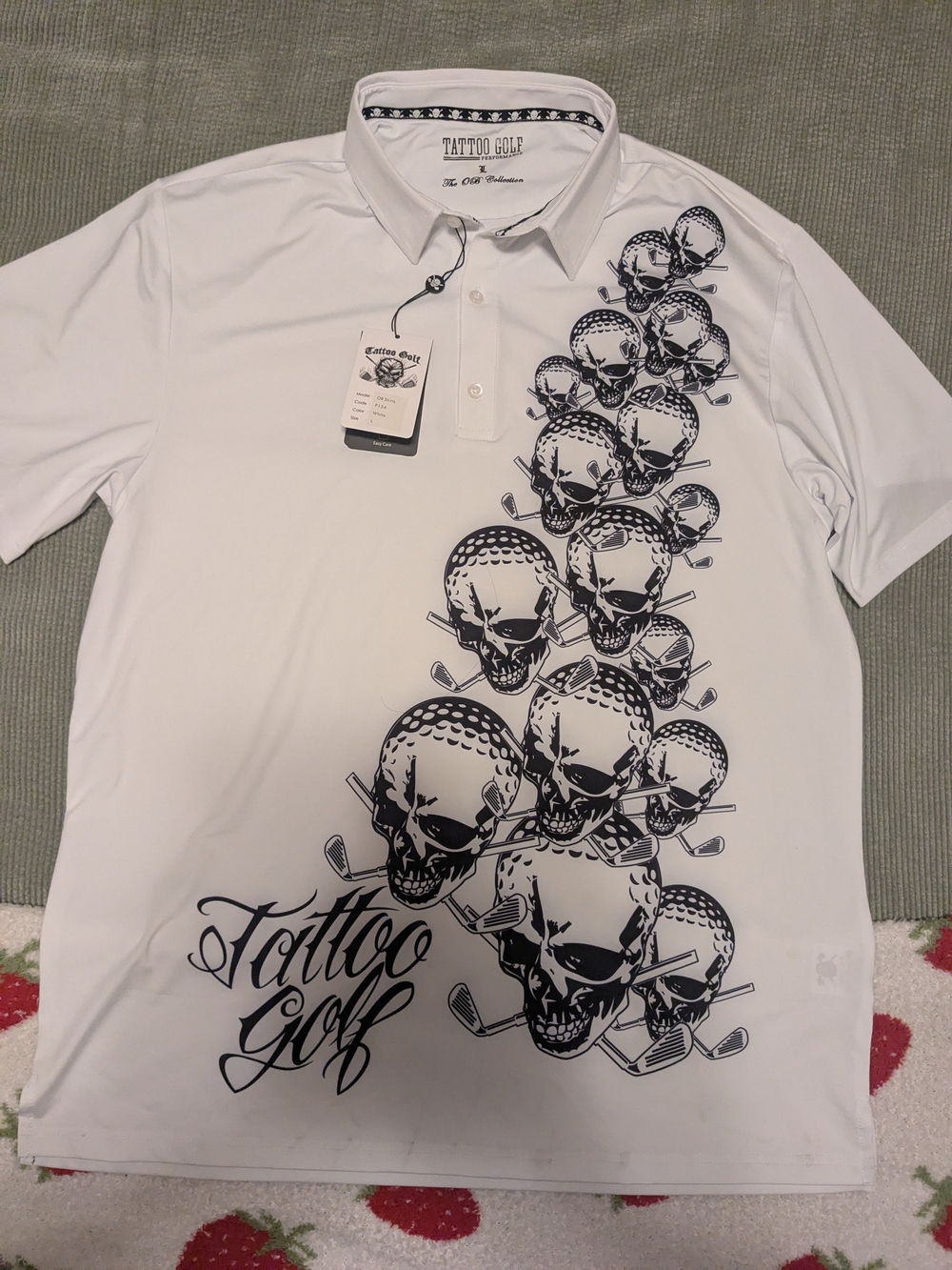 Tattoo Golf Men’s White Skull-Print Button Down Polo Size Large NWT